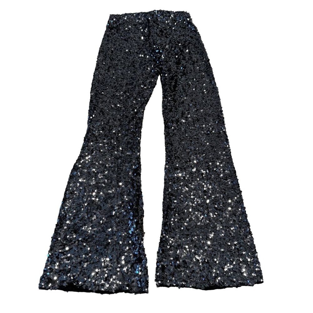 NWT Zara Black Sequin Bootcut Flared Leggings Women's Size Small S